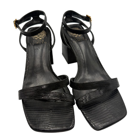 Shoes - Vince‎ Camuto Block Heel Sandals Black Glossy Lizared Embossed  Size 8